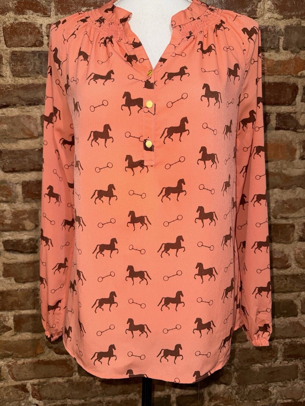 MacBeth Collection Horse Bridle Melon Blouse Top Henley Womens M Novelty Rodeo